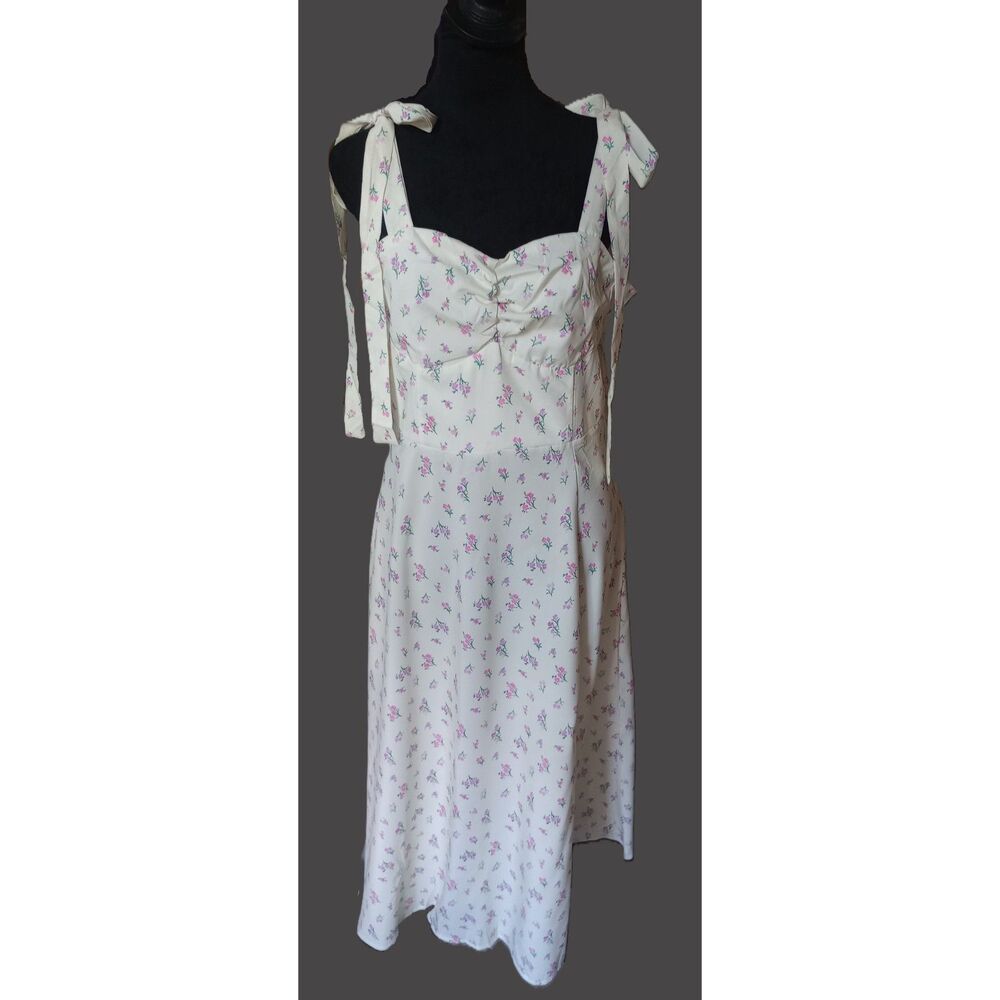 Hujoin Women's M Yellow/Pink Floral Design Ties On Shoulder Midi Dress, NWOT
